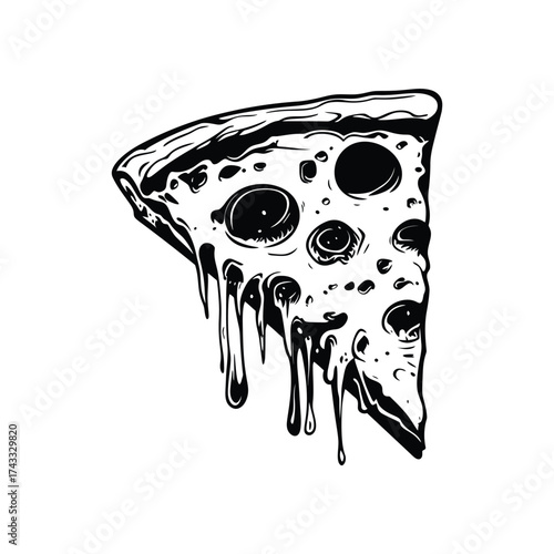 A black and white illustration of a dripping slice of pepperoni pizza with melted cheese
