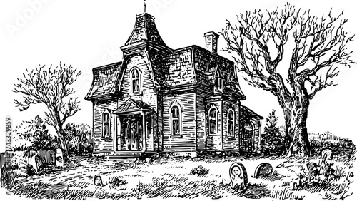 Vintage black and white outline drawing of a haunted house. Detailed vector illustration featuring a tree and graveyard set in an eerie landscape.
