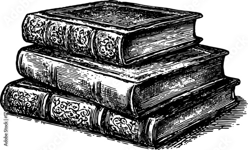 Vintage books stacked in a classic design. Black and white outline drawing, showcasing details in texture as a vector illustration.