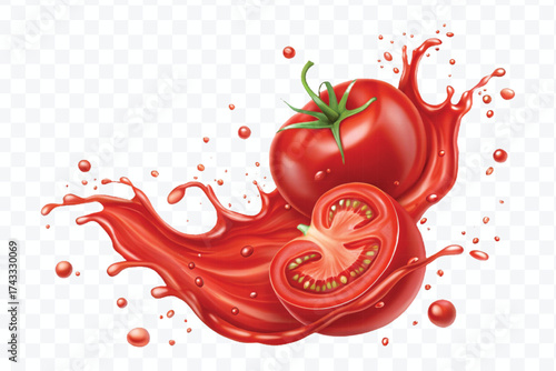 abstract 3d red tomato juice or ketchup sauce splashes in different style isolated on transparent background	