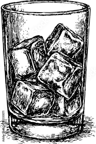 Vintage line drawing of a glass filled with ice cubes. Black and white vector illustration with detailed engraving effects, suitable for beverage contexts.