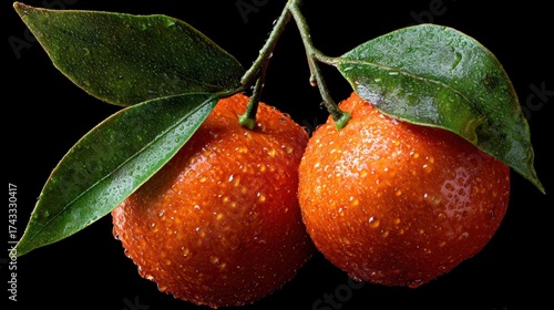 Two fresh tangerines with green leaves and water droplets on a black background