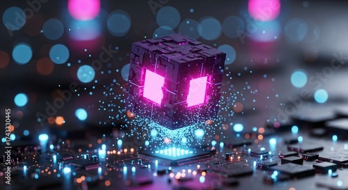 Explore quantum computing with a futuristic cube and vibrant circuit board
