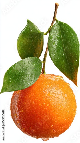 A fresh orange fruit with green leaves and water droplets on a white background