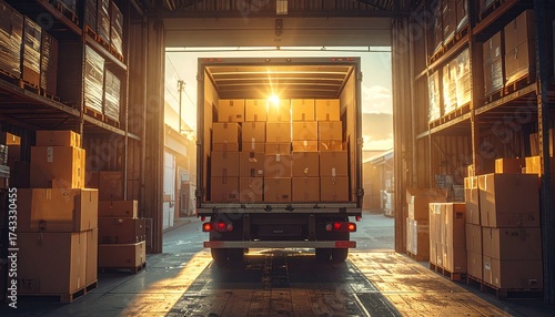 Bright golden sunlight streams into a vast warehouse, illuminating a truck filled with cardboard boxes, signifying logistics and distribution.