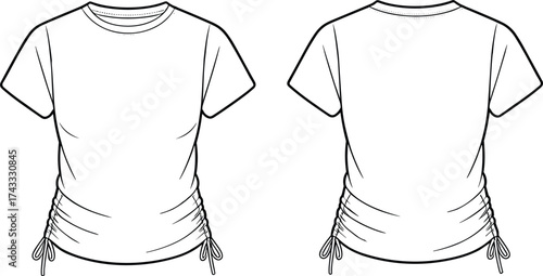 Technical fashion illustration, short sleeve t shirt, crew neck design, ruched side detail, drawstring tie, women’s apparel flat sketch