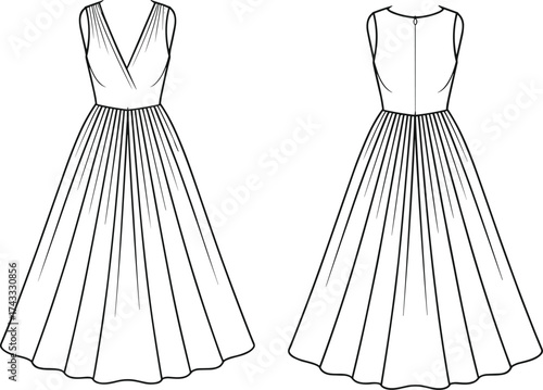 Technical fashion illustration, sleeveless pleated dress, deep V neckline, fitted bodice, full skirt, elegant women’s clothing design, front and back view