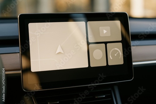 Modern car dashboard touchscreen with navigation map and app icons in minimal beige tones, set against blurred light background in vehicle interior. Ai generative
