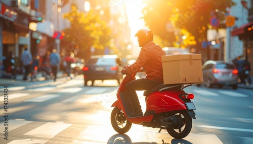 Delivery driver on a red scooter with a box in a city street.