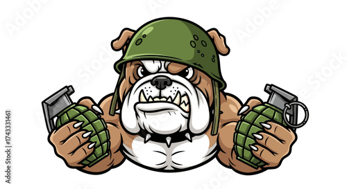Cartoon bulldog soldier with grenades, fierce expression, military vector illustration ready for