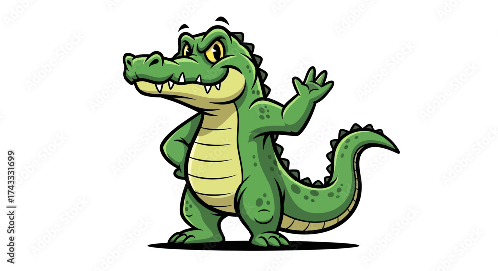 Fototapeta premium Friendly cartoon alligator waving its hand cheerfully on a white background happy alligator
