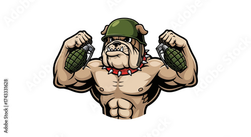 Illustrative muscular bulldog cartoon character with helmet and grenades in a menacing military