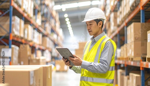 Asian man in hard hat and safety vest using a digital tablet in a large industrial warehouse with shelves of boxes.