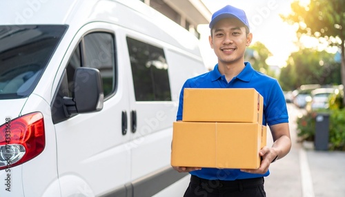 A smiling Asian delivery man in a blue uniform holds packages while standing next to his white van.