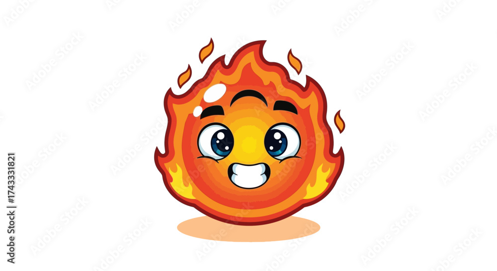 Fototapeta premium Cute cartoon flame character with smiling face isolated on white background fire emoji vector