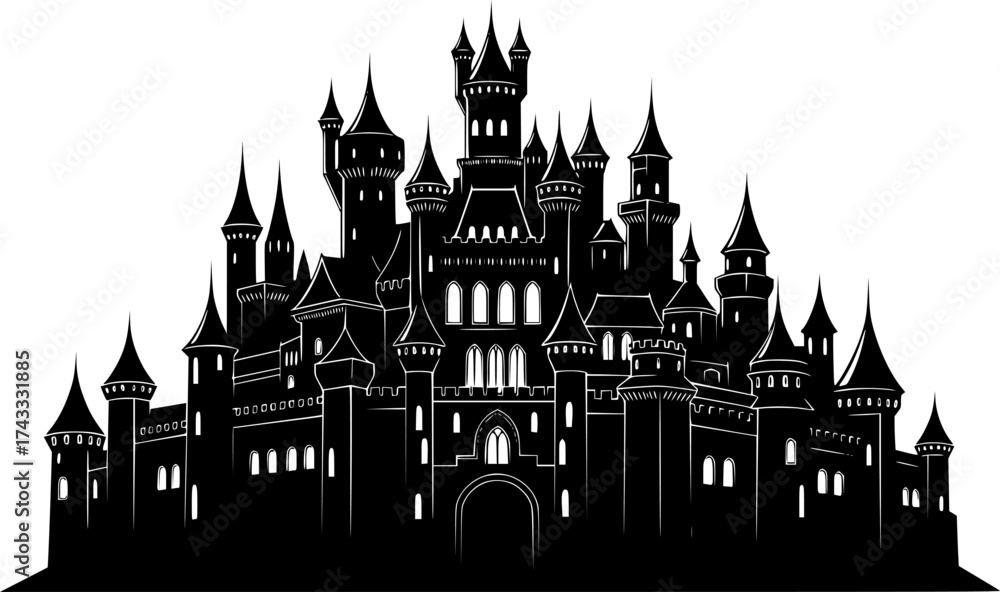Obraz premium a black and white silhouette of a castle, detailed, vector illustration