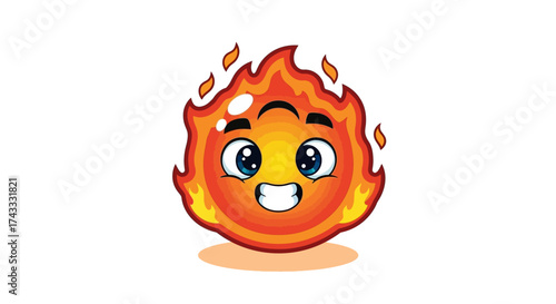 Cute cartoon flame character with smiling face isolated on white background fire emoji vector