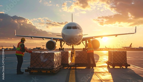 Workers loading cargo onto a plane at sunset, illustrating air freight and logistics.