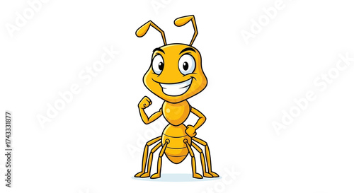 Cheerful yellow cartoon ant character standing and smiling brightly on white background perfect