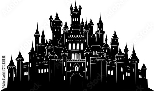 a black and white silhouette of a castle, detailed, vector illustration