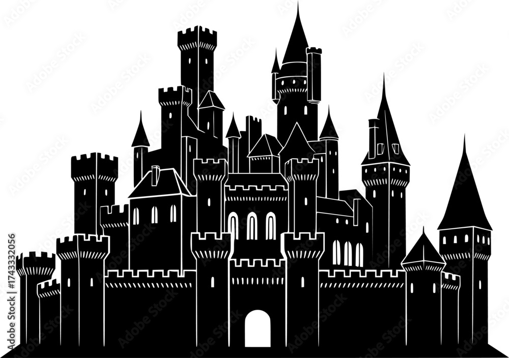 Fototapeta premium a black and white silhouette of a castle, detailed, vector illustration