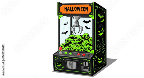 Halloween themed claw machine filled with skulls and spooky designs for vector graphics