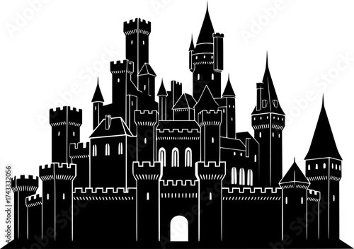 a black and white silhouette of a castle, detailed, vector illustration