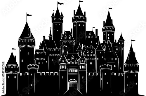 a black and white silhouette of a castle, detailed, vector illustration