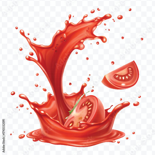 abstract 3d red tomato juice or ketchup sauce splashes in different style isolated on transparent background	