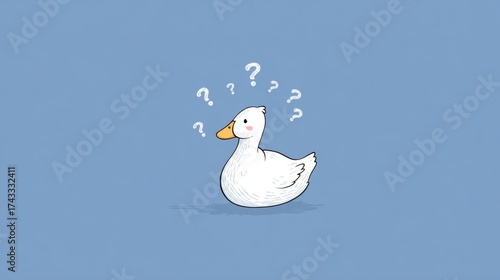 A cartoon white duck with question marks above its head, set against a blue background.