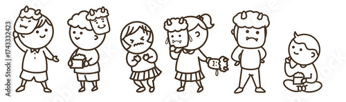 節分を楽しむ並ぶ子供たち　カラー
