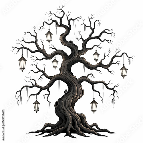 Enchanting spooky tree silhouette with glowing lanterns for Halloween designs, creating a hauntingly beautiful atmosphere perfect for eerie tales