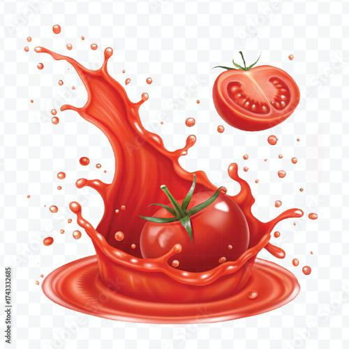 abstract 3d red tomato juice or ketchup sauce splashes in different style isolated on transparent background	