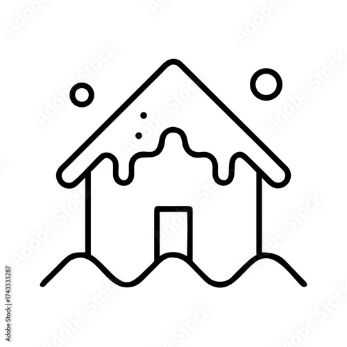 House melting in flood with dripping roof and rising water levels  