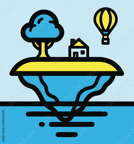 Floating Island with House and Balloon Cartoon