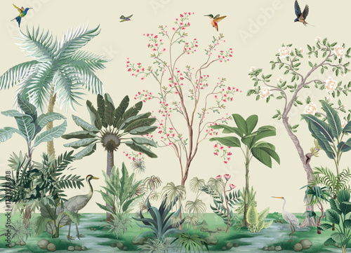 Garden Illustration for wall Print, Wall Murals, Mughal Garden Illustration, Birds, Peacock.