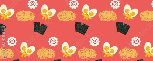 Japanese ramen ingredients seamless pattern with noodles, egg, narutomaki fish, and nori sheet. Perfect for restaurant branding, menus, packaging, and print design
