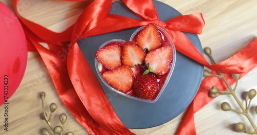 Romantic heart shaped dessert brimming with ripe strawberries, tied with red ribbon, nestled on dark plate near festive red balloons and shimmering golden twigs