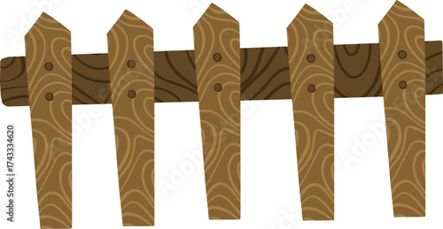Rustic wooden picket fence illustration with brown planks and wood grain texture, isolated on white background. Countryside barrier element.