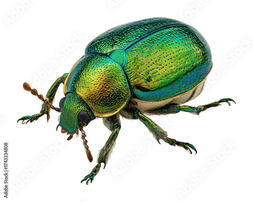 Vibrant green beetle crawling on leaves nature insect isolated on transparent background