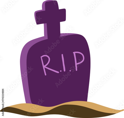 Purple Cartoon Tombstone with R.I.P. and Cross in Grave Mound, Halloween Decoration Vector Illustration
