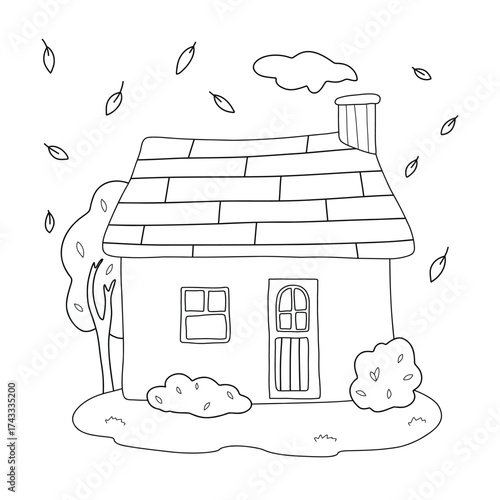 Cute little house doodle illustration with autumn landscape, trees, falling leaves, and chimney smoke. Perfect for coloring pages, kids projects, vector line
