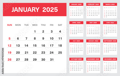 2025 Calendar Template with All Months and Highlighted January Page in Red Theme