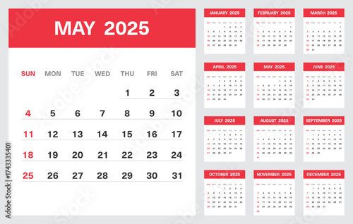 2025 Calendar Template with All Months and Highlighted May Page in Red Theme