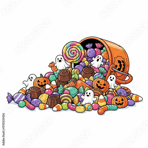 Delightful Halloween Spills Over with Ghosts, Pumpkins, and Candy, Ready for Spooky Season Celebrations and Invitations for Trick or Treat Fun