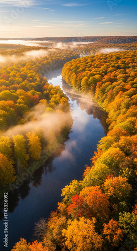 Aerial view of a winding river cutting through a vibrant autumn forest, golden and crimson trees glowing under the morning sun