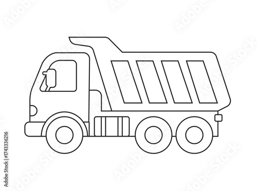 Heavy dump truck line art illustration of industrial construction vehicle, isolated on white background. Perfect for transport, haulage, machinery, truck icon, vector, outline, and graphic design.