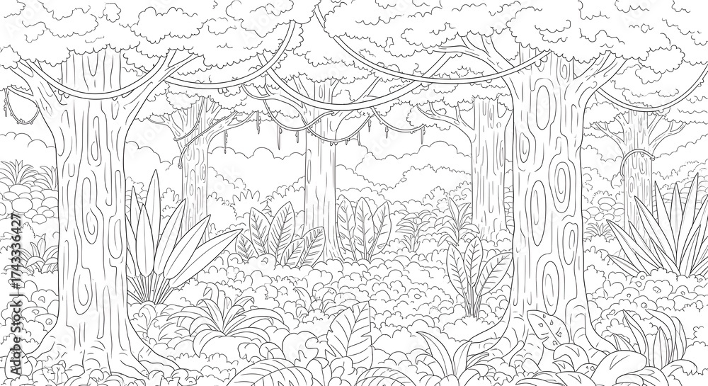Fototapeta premium Jungle line art illustration showing tree outlines, vines, and foliage, black stroke only, ideal for posters and educational designs.