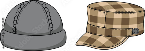 Gray winter hat, scalloped stitching, folded brim, warm headwear, plaid military cap, tan brown pattern, fashion contrast, structured brim, outdoor style
