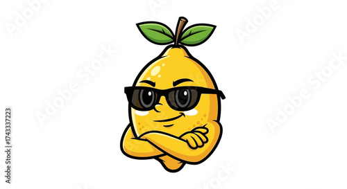A cool and confident lemon character wearing sunglasses with crossed arms